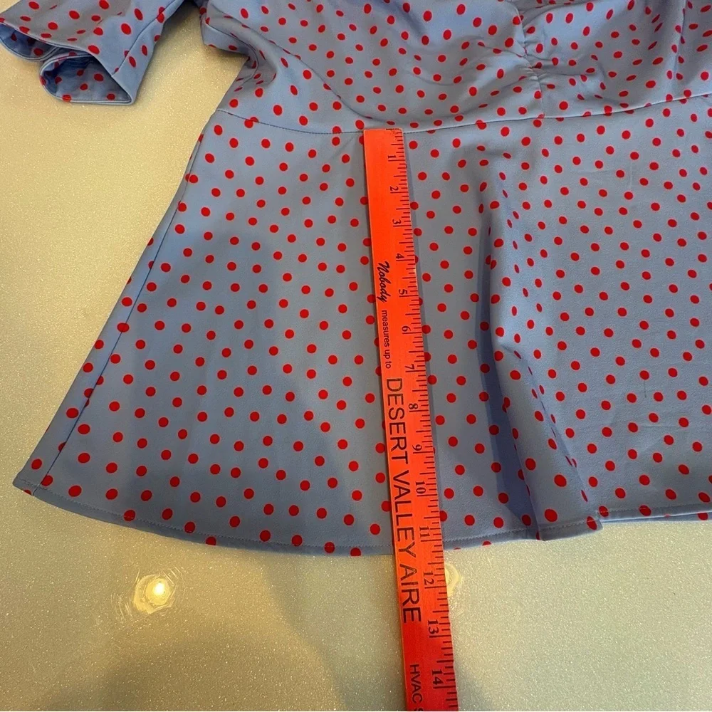Kate Spade Plus Size 16 Peplum Top Ruched Blue Red Polka Dots Puff Sleeves Zip